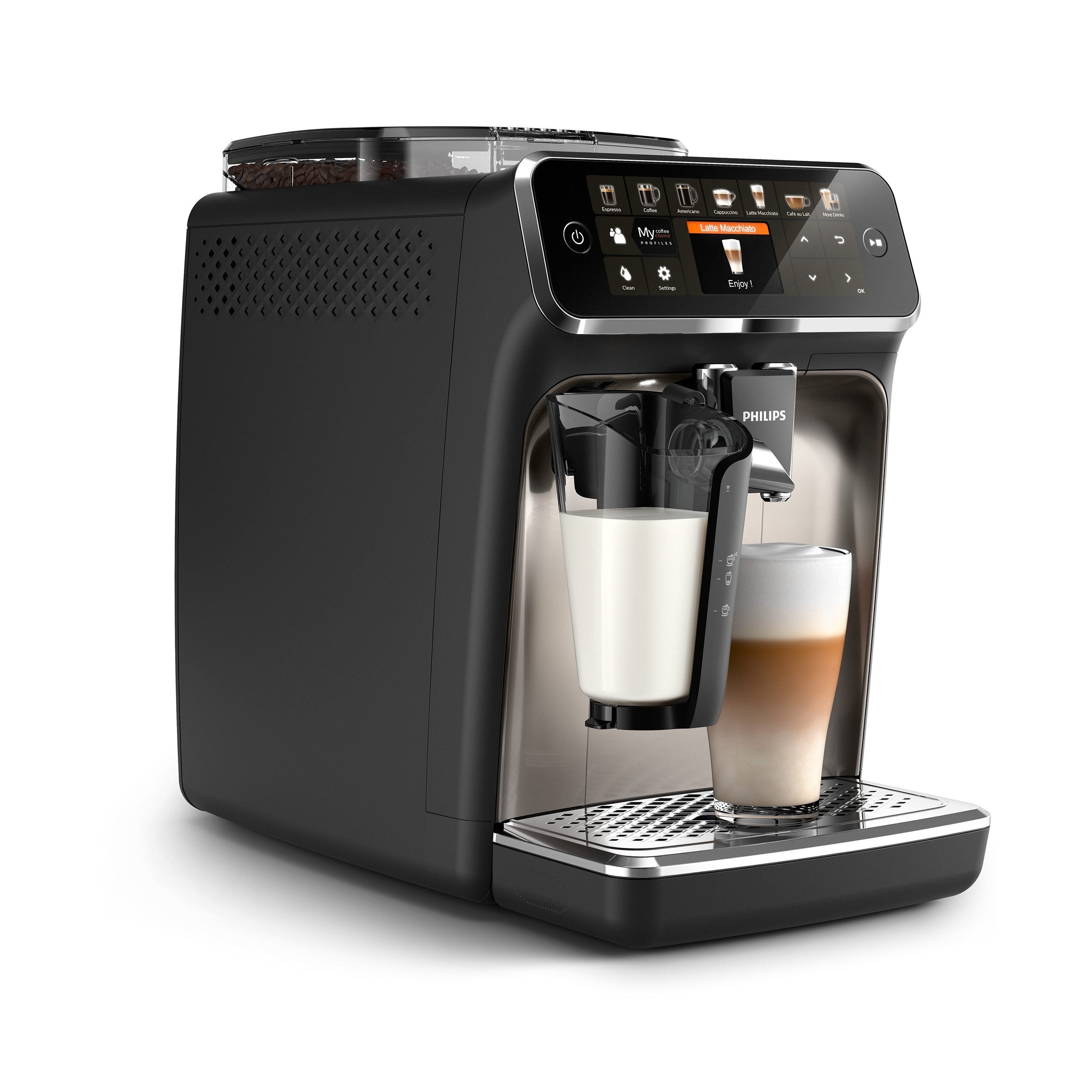 Philips Kaffeevollautomat EP5447/90 Serie 5400 | LatteGo Milchsystem | 12 Kaffeespezialitäten | Keramikmahlwerk | Chrom