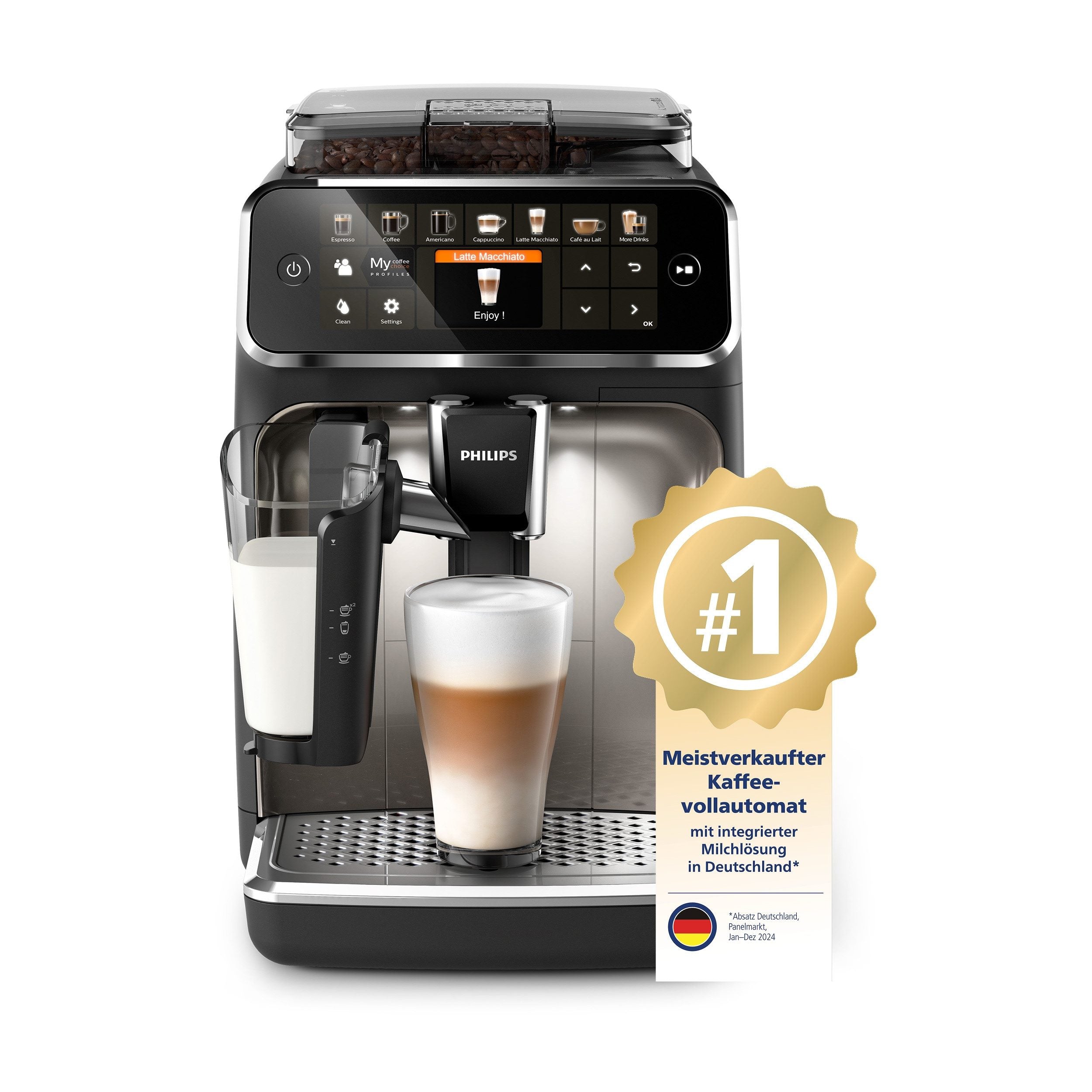 Philips Kaffeevollautomat EP5447/90 Serie 5400 | LatteGo Milchsystem | 12 Kaffeespezialitäten | Keramikmahlwerk | Chrom