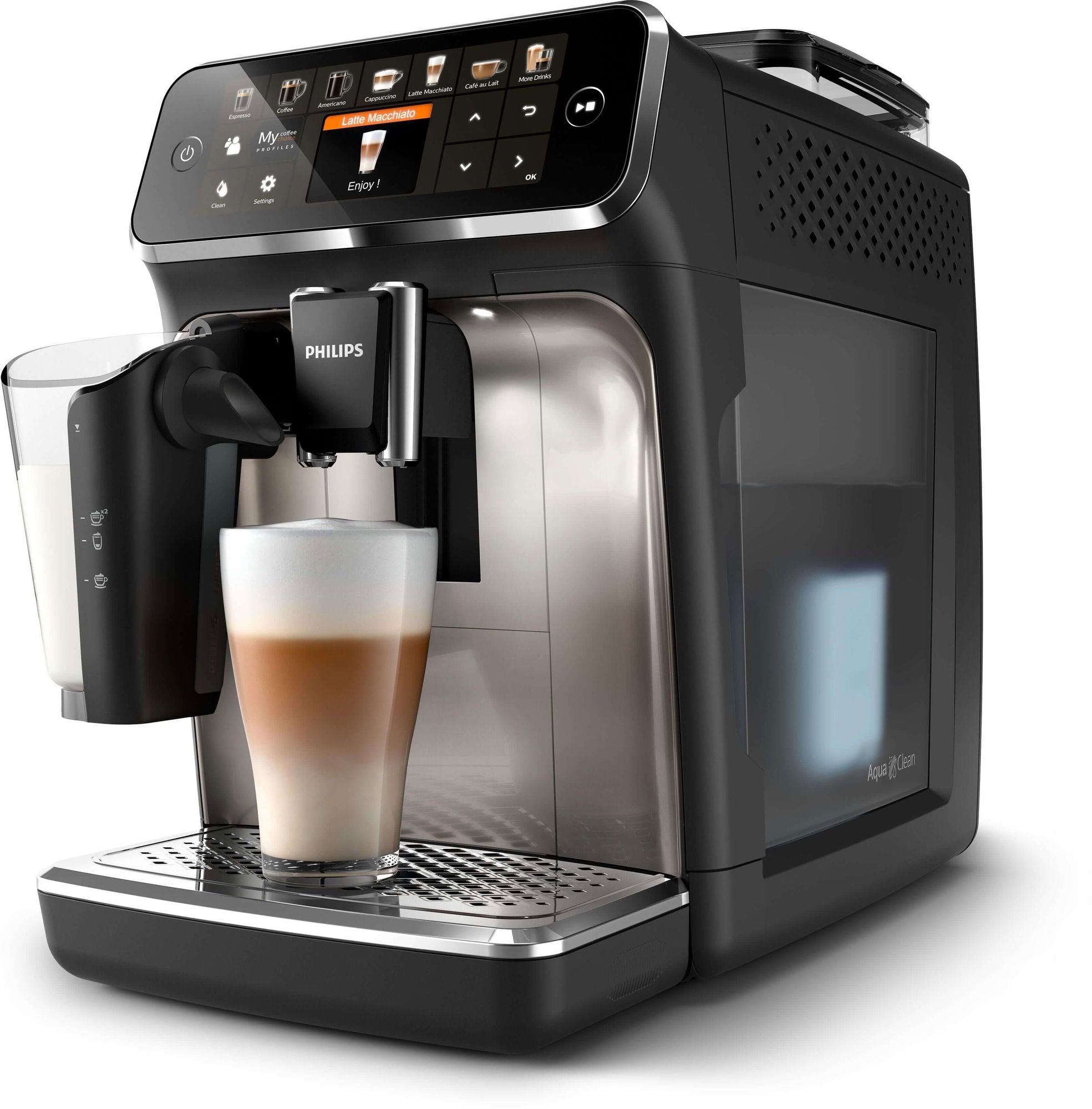 Philips Kaffeevollautomat EP5447/90 Serie 5400 | LatteGo Milchsystem | 12 Kaffeespezialitäten | Keramikmahlwerk | Chrom